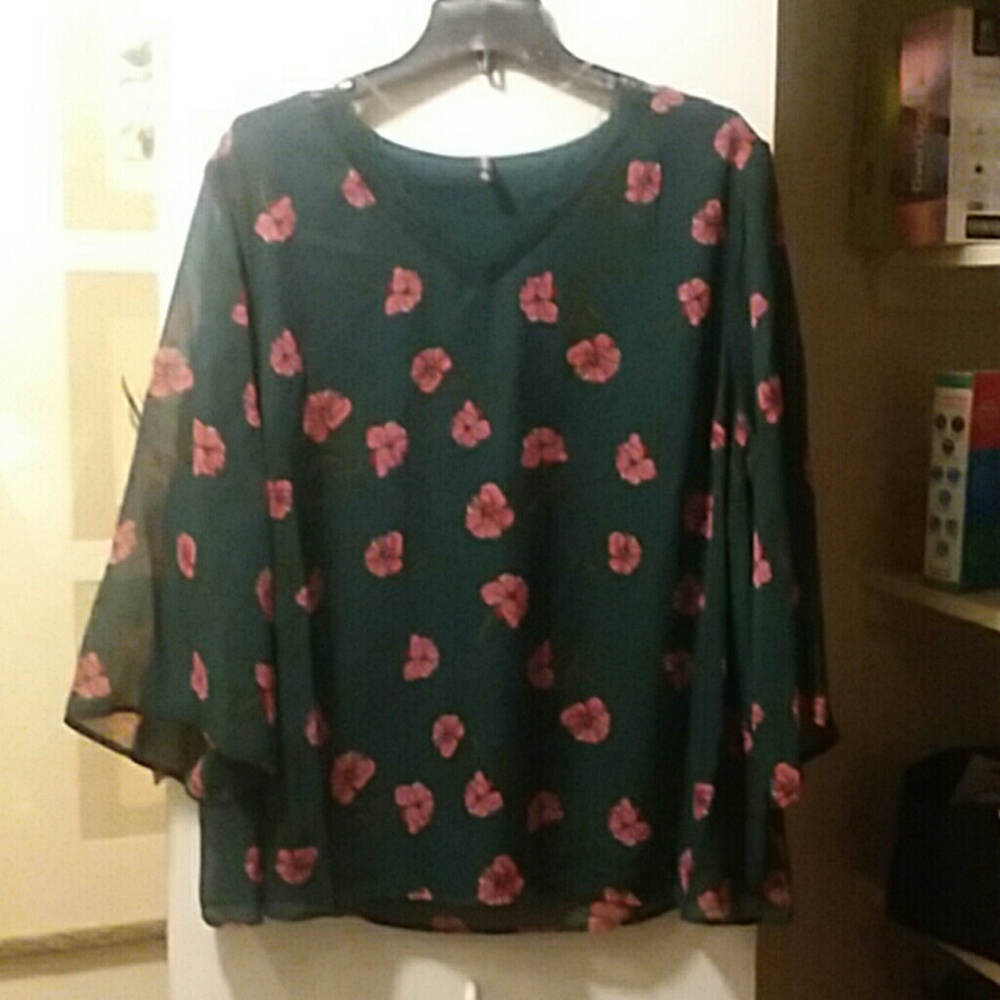 Womens dark green flower blouse shirt top